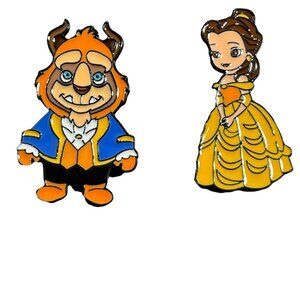 Beauty Beast Lapel Pin Disney Inspired Yellow Gown Blue Suit Brooch Badge Pin